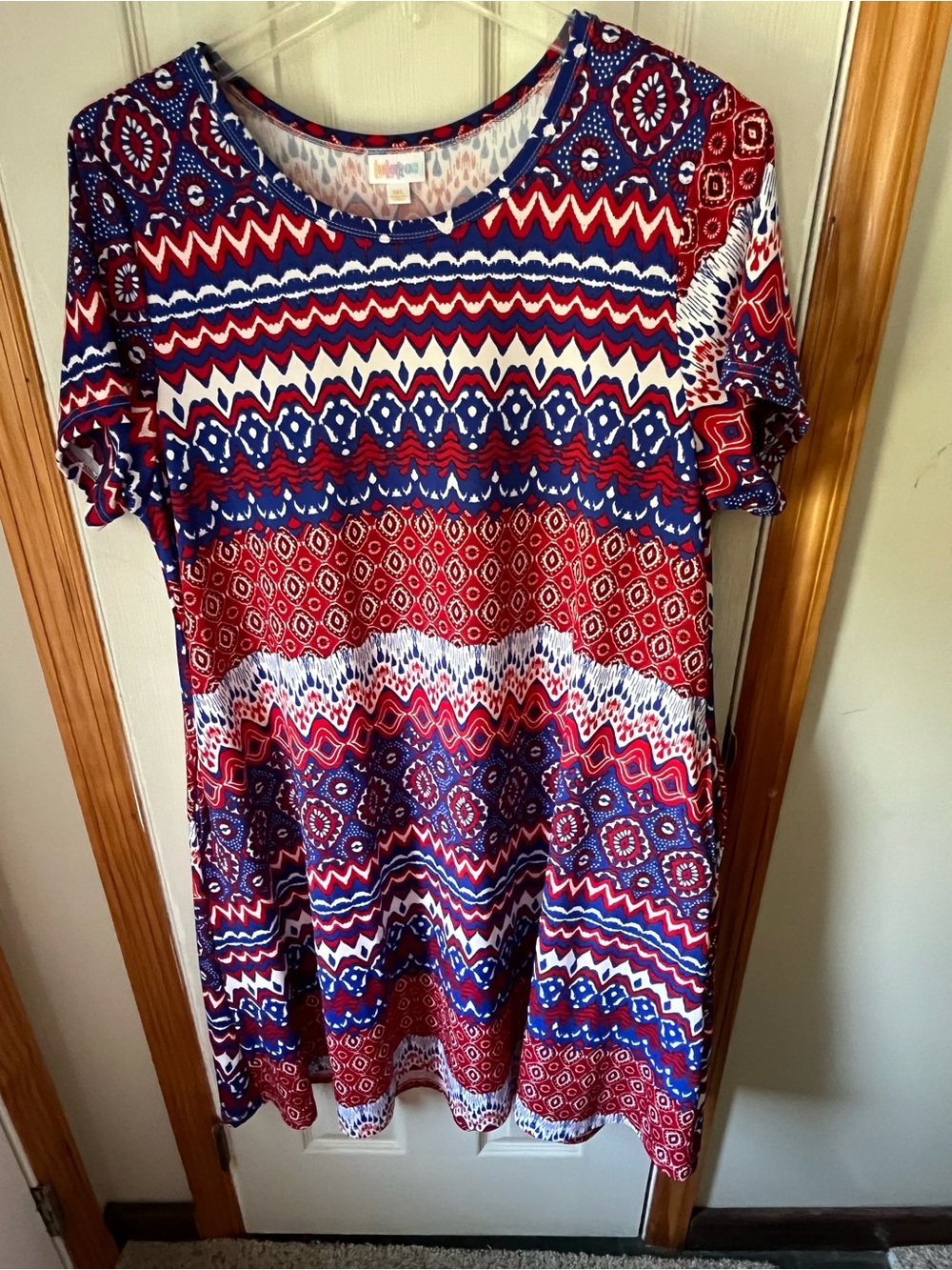 LuLaRoe Red, Blue & White Patterned Midi Dress